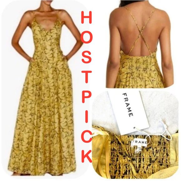 NWT Frame Malibu Yellow Python Print Cross Back Maxi Dress - Picture 1 of 15